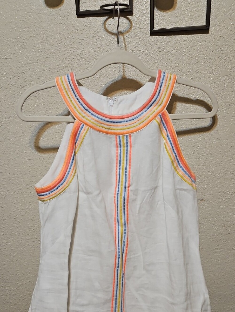 Boden 100% Linen White Midi Dress with Rainbow-Trimmed Neckline - Picture 2 of 7